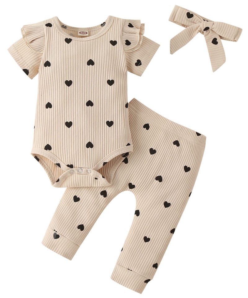 Fullfamous Infant Baby Girl Clothes Outfits,Spring Summer Romper and Pant Set 12-18 months Ecru Heart - Image 1