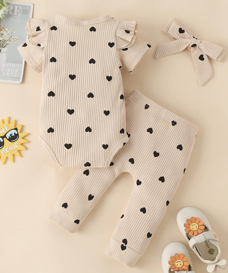 Fullfamous Infant Baby Girl Clothes Outfits,Spring Summer Romper and Pant Set 12-18 months Ecru Heart - Image 5