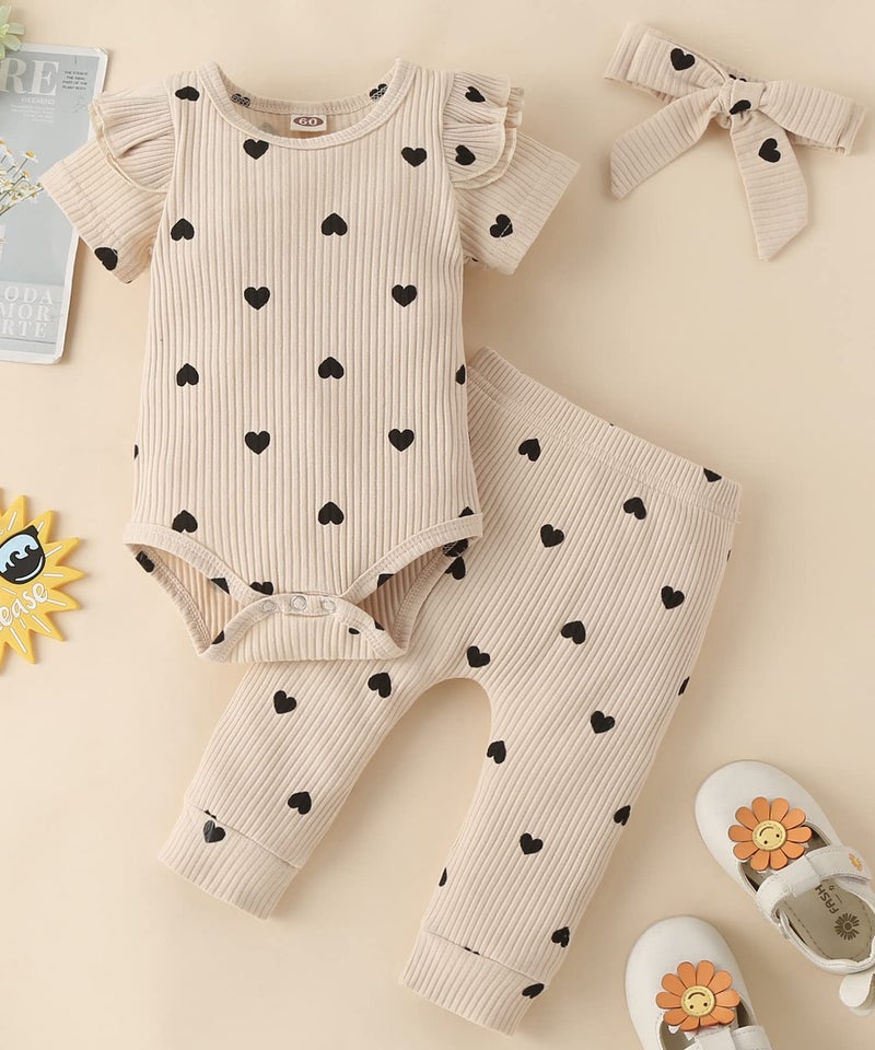 Fullfamous Infant Baby Girl Clothes Outfits,Spring Summer Romper and Pant Set 12-18 months Ecru Heart - Image 2