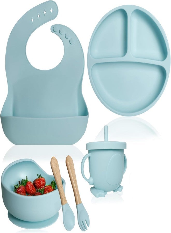 Style Keepers 6 PCS Baby Silicone Baby Feeding Set | Microwave BPA-Free, Anti-Slip Base Includes Suction Bowls and Divided Plates, Bowl, Adjustable Bib, Utensils Spoons, Forks, Cup | Essentials (Blue, 6 Pcs) - Image 1