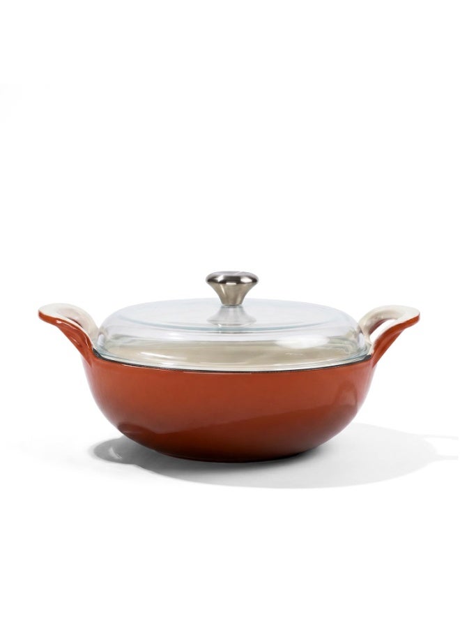 CUMIN CO. Cast Iron Kadai with Lid | 3L, 26 cm | Induction Base Cookware |10 Years Warranty | Non Toxic Heavy Bottom Kadhai for Frying | Chemical Free Coating | Free Accessories | Color: Rust