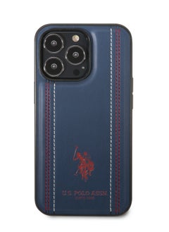 U.S.Polo iPhone 14 Pro Max Case PU Leather with Stitched Lines Double Line & Horse Logo - Navy  - Image 1