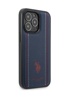 U.S.Polo iPhone 14 Pro Max Case PU Leather with Stitched Lines Double Line & Horse Logo - Navy  - Image 2