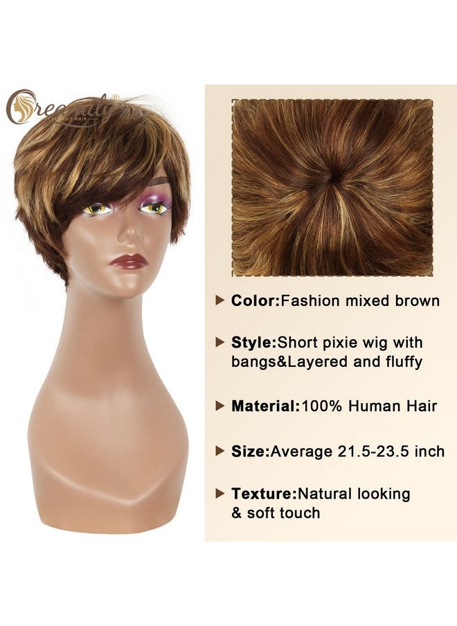creamily - Reamily Short Brown Human Hair Pixie Cut Wigs For Women With Bangs Mixed Blonde Highlights Human Hair Short Wig For Women Natural Wig - Image 1