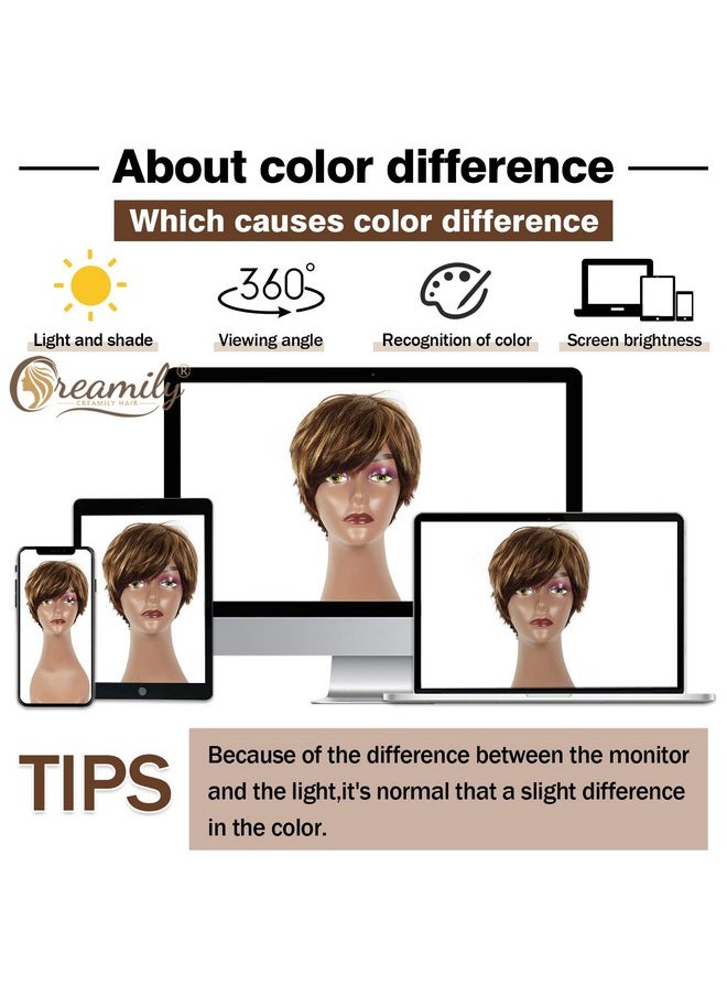 creamily - Reamily Short Brown Human Hair Pixie Cut Wigs For Women With Bangs Mixed Blonde Highlights Human Hair Short Wig For Women Natural Wig - Image 1