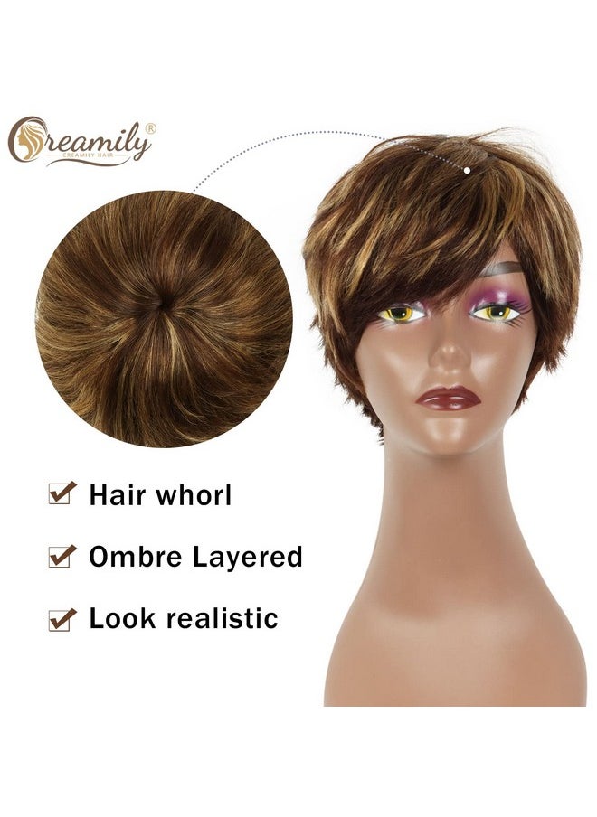 creamily - Reamily Short Brown Human Hair Pixie Cut Wigs For Women With Bangs Mixed Blonde Highlights Human Hair Short Wig For Women Natural Wig - Image 1