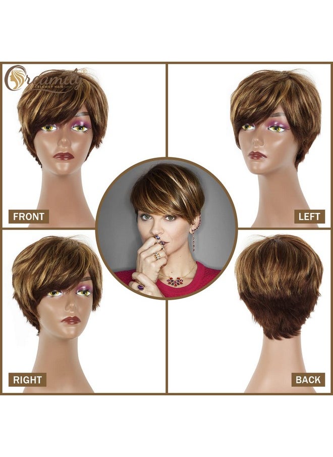 creamily - Reamily Short Brown Human Hair Pixie Cut Wigs For Women With Bangs Mixed Blonde Highlights Human Hair Short Wig For Women Natural Wig - Image 1