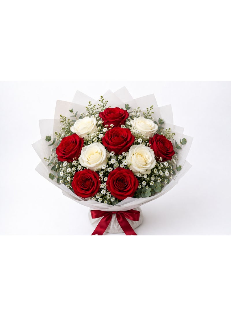 Fresh Flower Bouquet with 10 Roses (6 Red, 4 White), Baby's Breath & Eucalyptus