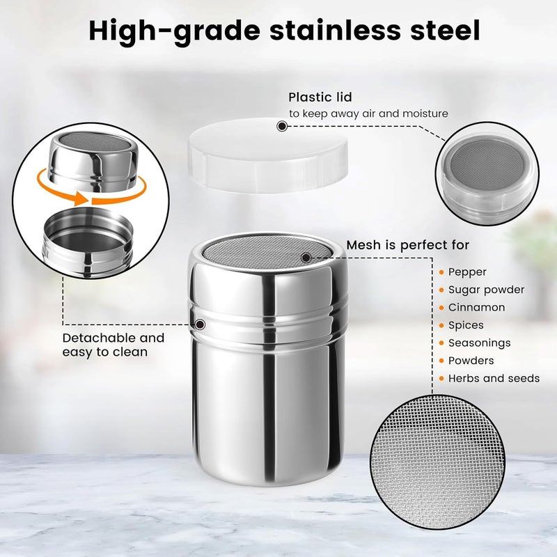 HansGo Powdered Sugar Shaker Duster, 2PCS Stainless Steel Cinnamon Shaker for Coffee Bar, Fine Mesh Dredge, Salt and Pepper Shakers for Soda, Cocoa, Cornstarch, Seasoning, 6 Ounce, with Lid - Image 3