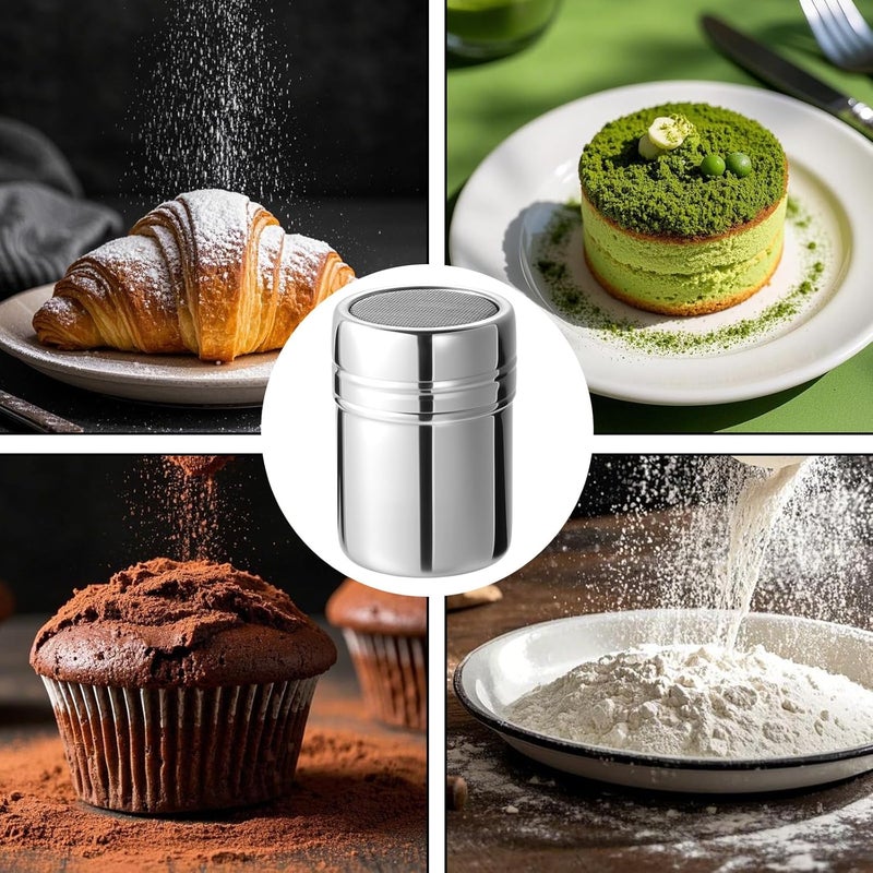 HansGo Powdered Sugar Shaker Duster, 2PCS Stainless Steel Cinnamon Shaker for Coffee Bar, Fine Mesh Dredge, Salt and Pepper Shakers for Soda, Cocoa, Cornstarch, Seasoning, 6 Ounce, with Lid - Image 5