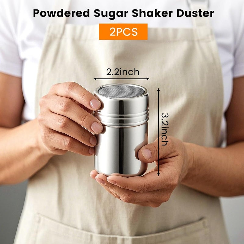 HansGo Powdered Sugar Shaker Duster, 2PCS Stainless Steel Cinnamon Shaker for Coffee Bar, Fine Mesh Dredge, Salt and Pepper Shakers for Soda, Cocoa, Cornstarch, Seasoning, 6 Ounce, with Lid - Image 2