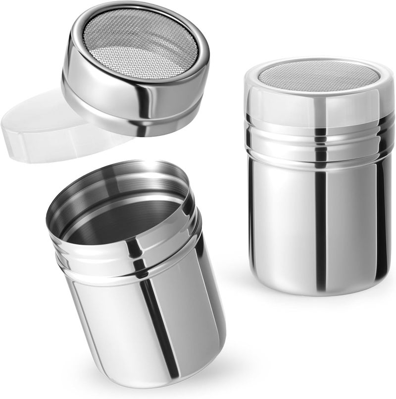 HansGo Powdered Sugar Shaker Duster, 2PCS Stainless Steel Cinnamon Shaker for Coffee Bar, Fine Mesh Dredge, Salt and Pepper Shakers for Soda, Cocoa, Cornstarch, Seasoning, 6 Ounce, with Lid - Image 1