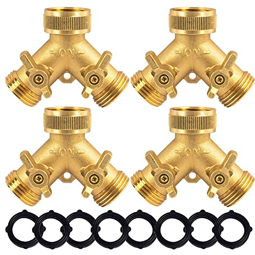 Hourleey Brass Garden Hose Splitter (2 Way), Solid Brass Hose Y Splitter 2 Valves with 2 Extra Rubber Washers (4 Pack) - Image 1