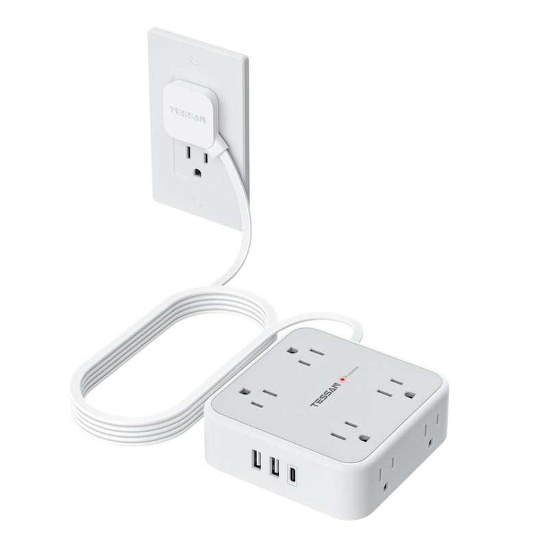 TESSAN 10 Ft Surge Protector Power Strip, 3 USB(1 USB C) 8 Outlets, Flat Plug Extension Cord with Multiple Outlets, 900J Protection, Desk Charging Station for Home, Dorm Room Essentials, Grey - Image 1