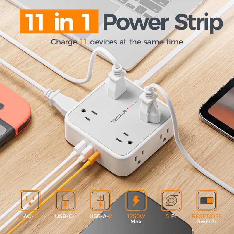 TESSAN 10 Ft Surge Protector Power Strip, 3 USB(1 USB C) 8 Outlets, Flat Plug Extension Cord with Multiple Outlets, 900J Protection, Desk Charging Station for Home, Dorm Room Essentials, Grey - Image 2
