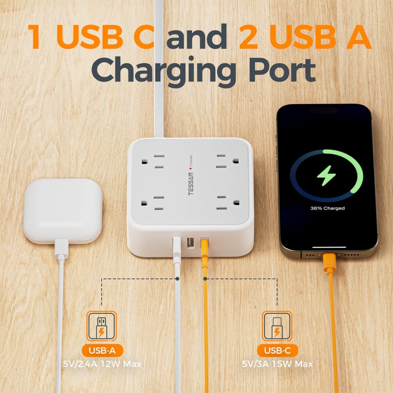 TESSAN 10 Ft Surge Protector Power Strip, 3 USB(1 USB C) 8 Outlets, Flat Plug Extension Cord with Multiple Outlets, 900J Protection, Desk Charging Station for Home, Dorm Room Essentials, Grey - Image 5