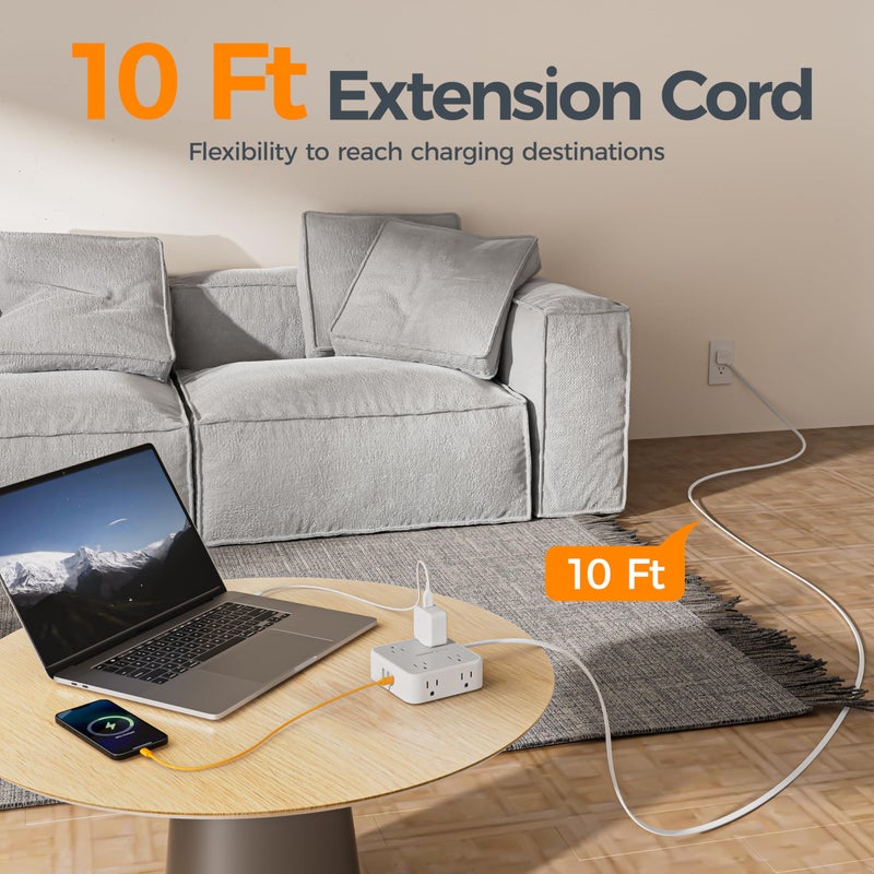TESSAN 10 Ft Surge Protector Power Strip, 3 USB(1 USB C) 8 Outlets, Flat Plug Extension Cord with Multiple Outlets, 900J Protection, Desk Charging Station for Home, Dorm Room Essentials, Grey - Image 3