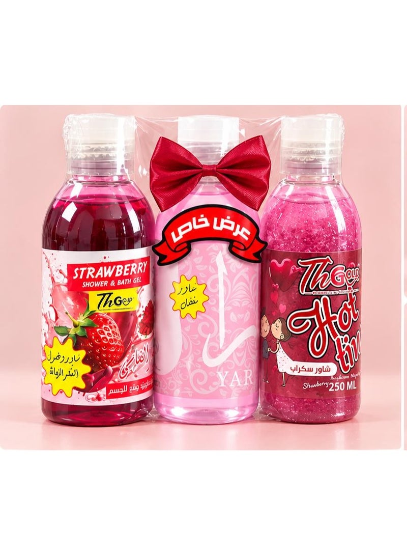 مجموعة ٣ قطع عناية بالجسم   – شاور جل عطري وشاور اسكراب فراوله     وغسول بالعكر الفاسي لتوريد وشد الجسم 250ملي - Image 1