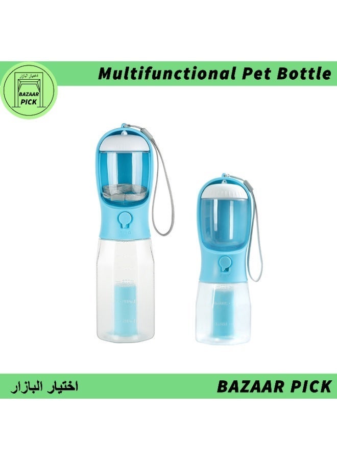 Pet Water and Food Bottle for Cats and Dogs Large Capacity Outdoor Travel with Waste Bag 3 in 1 Blue 600ml - Image 1