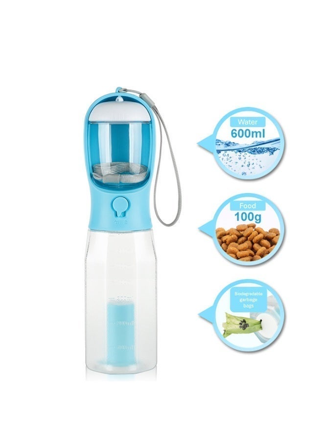 Pet Water and Food Bottle for Cats and Dogs Large Capacity Outdoor Travel with Waste Bag 3 in 1 Blue 600ml - Image 1