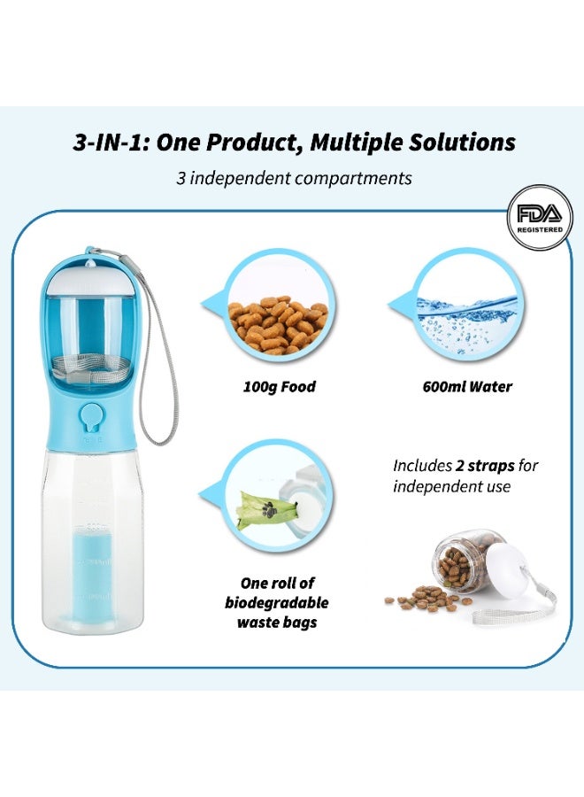 Pet Water and Food Bottle for Cats and Dogs Large Capacity Outdoor Travel with Waste Bag 3 in 1 Blue 600ml - Image 2