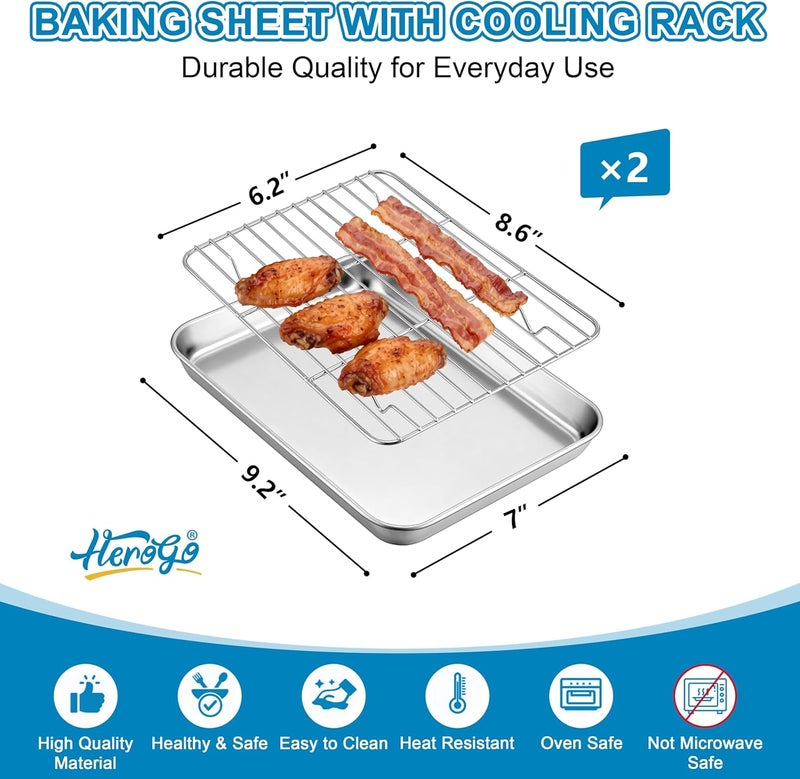 Herogo Baking Sheet with Wire Rack Set(2 Pans + 2 Racks), 9.2'' x 7'' x 1'' Stainless Steel Cookie Sheet Bakeware Set for Oven, Non Toxic & Heavy Duty & Easy Clean- Small - Image 2