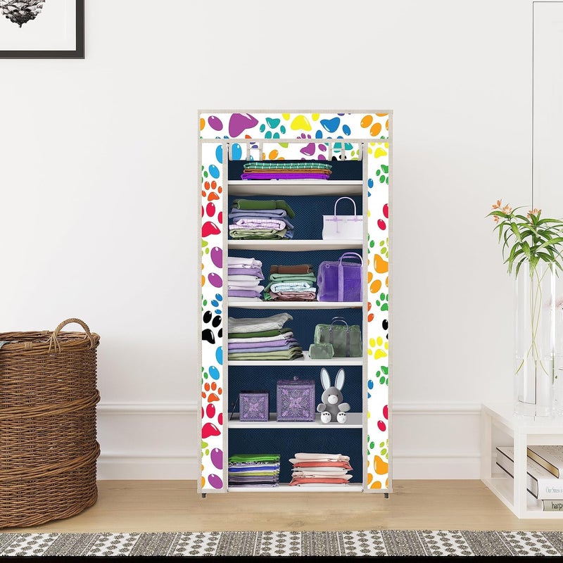 Whitecloud TRANSFORMING HOMES Whitecloud TRANSFORMING HOMES Printed Wardrobe Multipurpose Collapsible Cabinet Rack Storage Organizer Foldable Almirah NonWoven Laminated Fabric 6 Shelves 1 Side Pocket 6L1 Dog Blue  - Image 1