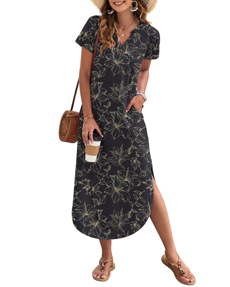 MISFAY Women's Summer Casual Maxi Dress 2026 Short Sleeves V Neck Loose Sundress Split Long Beach T Shirt Dress Vacation Outfits(Black Gold Leaves,M) - Image 1
