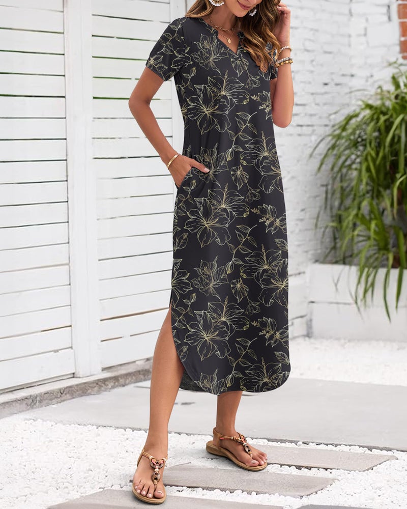 MISFAY Women's Summer Casual Maxi Dress 2026 Short Sleeves V Neck Loose Sundress Split Long Beach T Shirt Dress Vacation Outfits(Black Gold Leaves,M) - Image 2