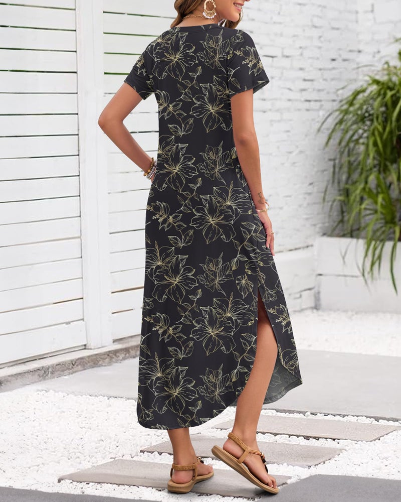 MISFAY Women's Summer Casual Maxi Dress 2026 Short Sleeves V Neck Loose Sundress Split Long Beach T Shirt Dress Vacation Outfits(Black Gold Leaves,M) - Image 3