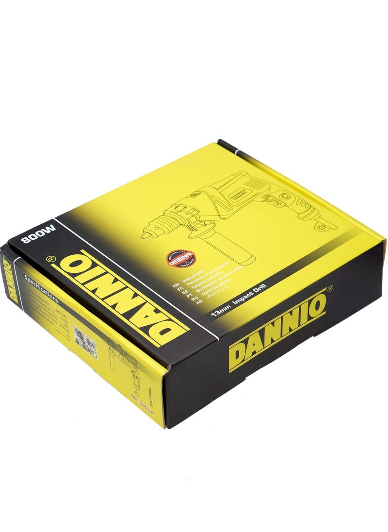 Dannio - مثقاب كهربائي سلكي بقوة 800 واط، مقاس 13 مم، مقبض دوار 360 درجة، أدوات كهربائية من Masnory (DN-6018)، أصفر، 32.8 × 27.6 × 8.4 سم - Image 1