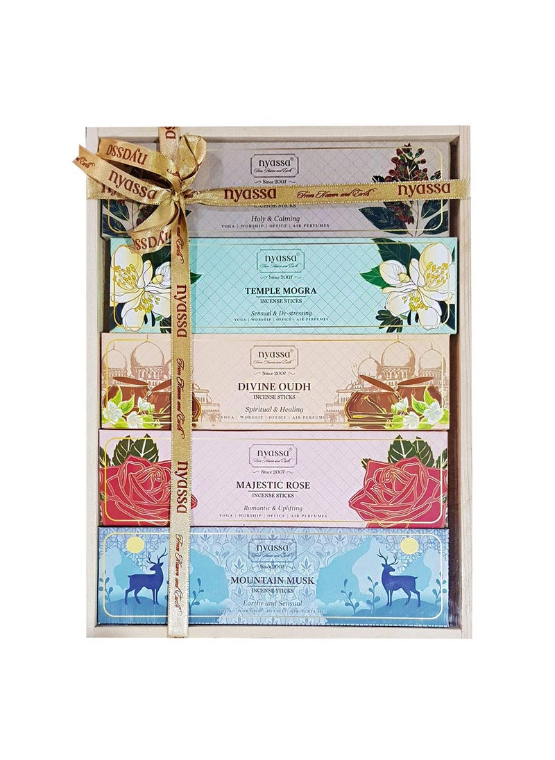 Nyassa Nyassa Set of 5 Incense Stick Gift Set|Hand Dipped, Hand Rolled, Highly Scented|Indian Incense Sticks 25gmx5|Gift Set for All Occasions| Natural Ingredient|Ideal Gifting for All Occasion  - Image 1