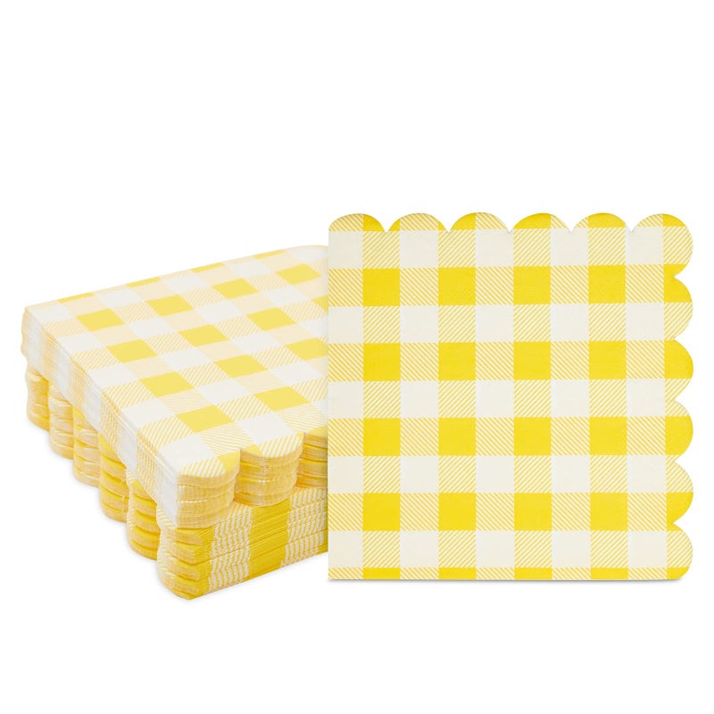 BLUE PANDA Yellow Plaid Paper Napkins for Birthday Party, Wedding - 6.5 x 6.5 Inch - 100 Pack - Yellow Disposable Checked Napkins - Image 1