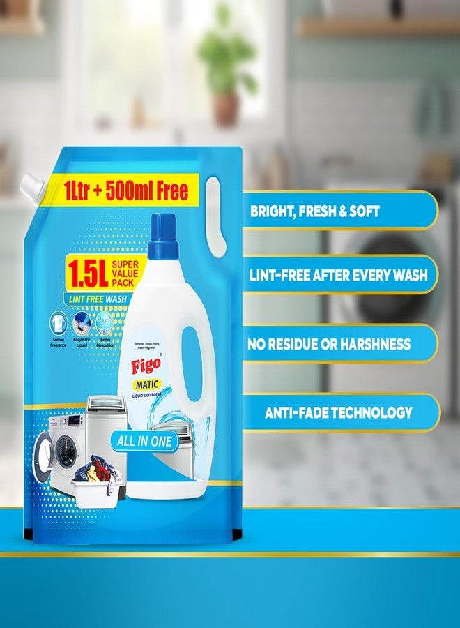 Figo Matic Liquid Detergent 1.5 L (1L + 500 ML Free Value pack) | 2X Enzyme Power for Tough Stains | Suitable for Top & Front Load Machines | Fabric-Safe Formula, Lint-Free - Image 4