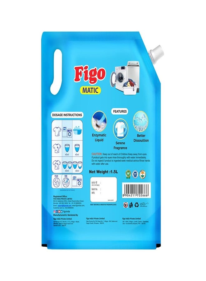 Figo Matic Liquid Detergent 1.5 L (1L + 500 ML Free Value pack) | 2X Enzyme Power for Tough Stains | Suitable for Top & Front Load Machines | Fabric-Safe Formula, Lint-Free - Image 2