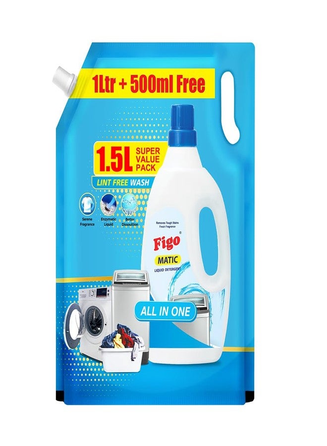 Figo Matic Liquid Detergent 1.5 L (1L + 500 ML Free Value pack) | 2X Enzyme Power for Tough Stains | Suitable for Top & Front Load Machines | Fabric-Safe Formula, Lint-Free - Image 1