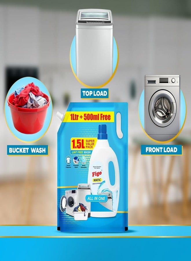 Figo Matic Liquid Detergent 1.5 L (1L + 500 ML Free Value pack) | 2X Enzyme Power for Tough Stains | Suitable for Top & Front Load Machines | Fabric-Safe Formula, Lint-Free - Image 5