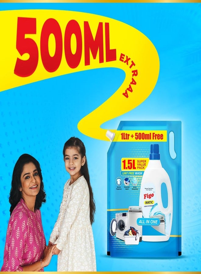 Figo Matic Liquid Detergent 1.5 L (1L + 500 ML Free Value pack) | 2X Enzyme Power for Tough Stains | Suitable for Top & Front Load Machines | Fabric-Safe Formula, Lint-Free - Image 3