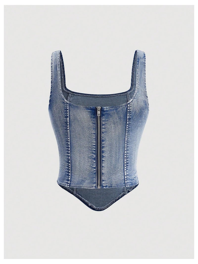 WDIRARA Women's Denim Corset Tank Top Asymmetrical Hem Crop Tops Sleeveless Zip Up Back Tanks Medium Wash Large - Image 2