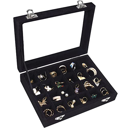 Vicoter Velvet Jewelry Box 24 Grid Jewelry Ring Display Organiser Box Tray Holder Earrings Storage Case for Girls Wife Mom Women (Black) - Image 1