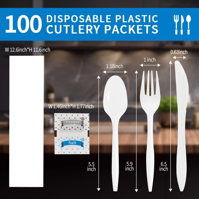 CXPSINC Knife Fork Spoon Napkin Salt Pepper Sets Individually Wrapped Black Plastic Cutlery Packets for Delivery Cafeterias Restaurants 100 PackWhite - Image 2