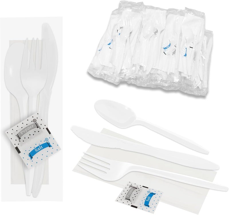 CXPSINC Knife Fork Spoon Napkin Salt Pepper Sets Individually Wrapped Black Plastic Cutlery Packets for Delivery Cafeterias Restaurants 100 PackWhite - Image 1