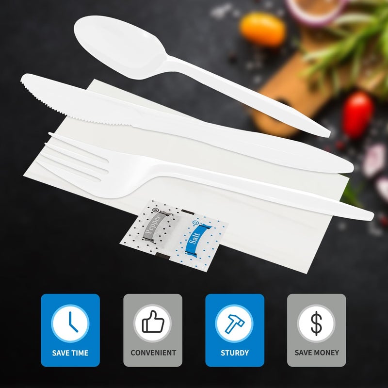 CXPSINC Knife Fork Spoon Napkin Salt Pepper Sets Individually Wrapped Black Plastic Cutlery Packets for Delivery Cafeterias Restaurants 100 PackWhite - Image 3