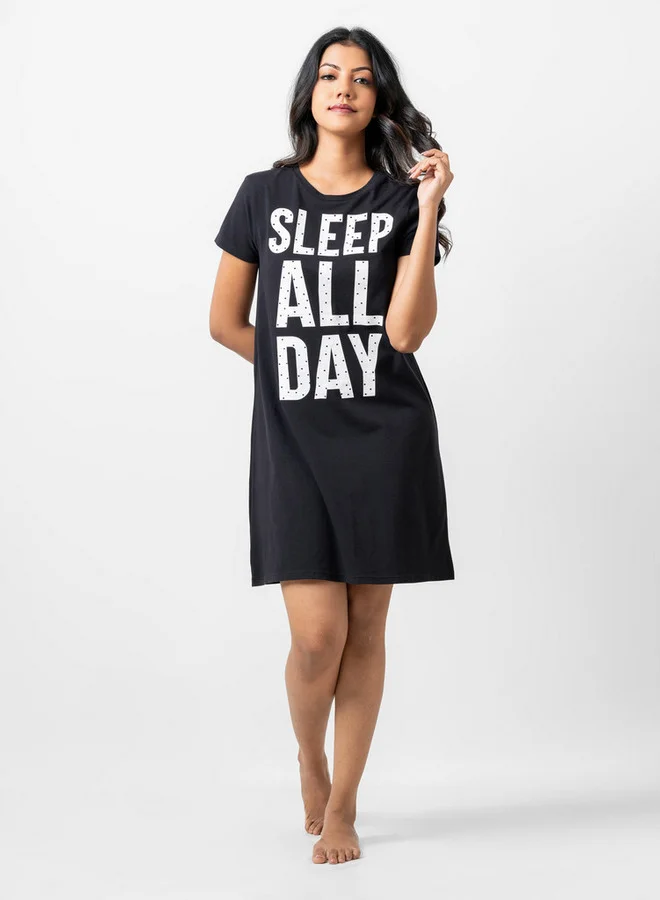 Aadaraya Aadaraya Slogan Print Sleepshirt with Crew Neck