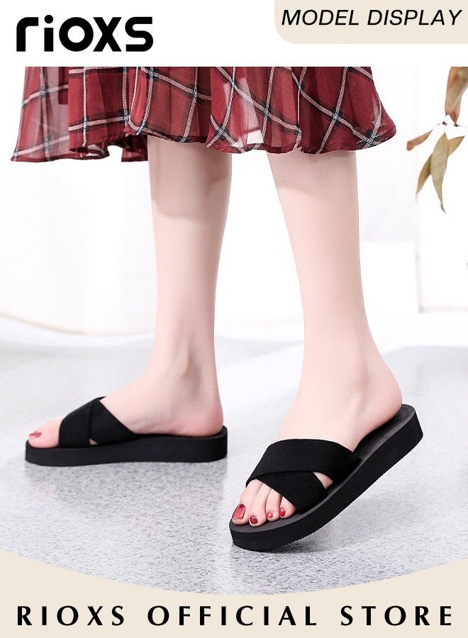 RIOXS Women's Slipper, Fashion Wedge Slippers, Anti-slip Flat Sandals For Women Ladies Girls, Casual Slipper With Cross Strap For Beach Home Daily Wear  - Image 3