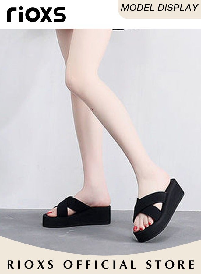 RIOXS Women's Slipper, Fashion Wedge Slippers, Anti-slip Flat Sandals For Women Ladies Girls, Casual Slipper With Cross Strap For Beach Home Daily Wear  - Image 4
