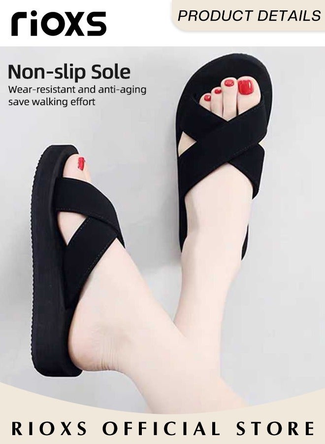RIOXS Women's Slipper, Fashion Wedge Slippers, Anti-slip Flat Sandals For Women Ladies Girls, Casual Slipper With Cross Strap For Beach Home Daily Wear  - Image 5
