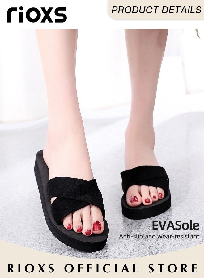 RIOXS Women's Slipper, Fashion Wedge Slippers, Anti-slip Flat Sandals For Women Ladies Girls, Casual Slipper With Cross Strap For Beach Home Daily Wear  - Image 2