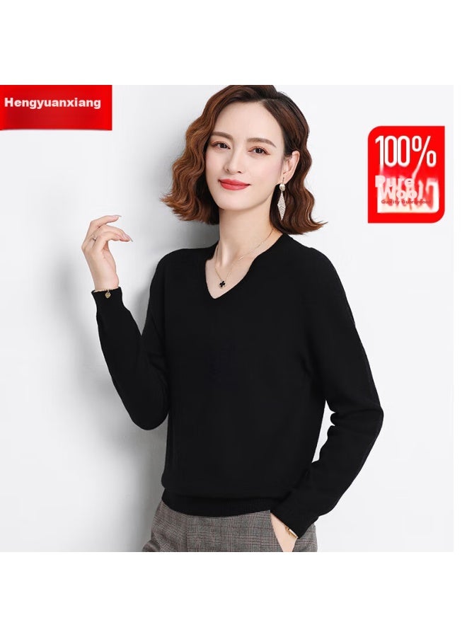 Hengyuanxiang Hengyuanxiang 100% Pure Wool Sweater For Women, V-neck Loose Base Layer, Autumn And Winter Warm Fashion Knit Sweater, Women's Top - Image 2