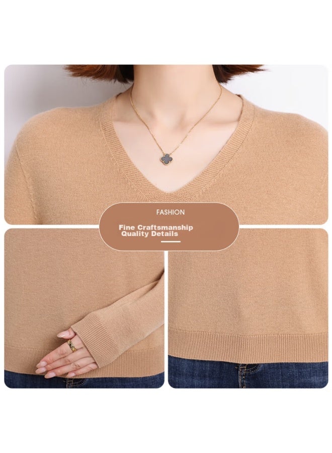 Hengyuanxiang Hengyuanxiang 100% Pure Wool Sweater For Women, V-neck Loose Base Layer, Autumn And Winter Warm Fashion Knit Sweater, Women's Top - Image 5